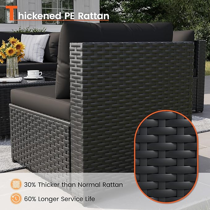 Patio Furniture Set, 7-Piece Outdoor Sectional All-Weather Wicker Patio Conversation Set for Backyard, Poolside, Garden, Black
