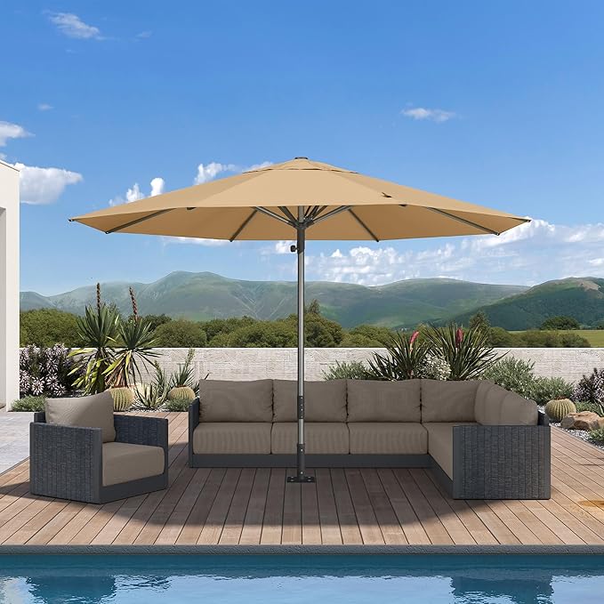PURPLE LEAF 13 FT Commercial Round Patio Market Table Sun Umbrella Semi Auto Open All Weather Maximum Coverage for Hotel Resort Cafe Restaurant Garden Business Use Beige