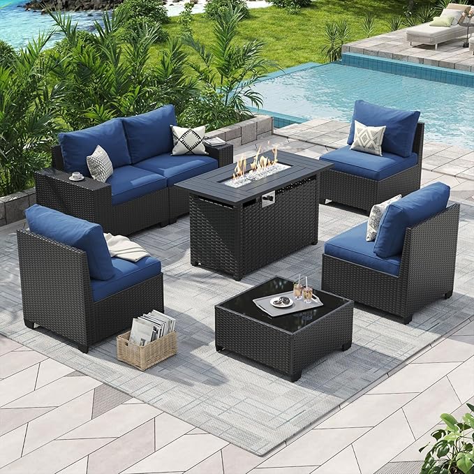Aoxun Outdoor Furniture with 44'' Fire Pit, 7 Pcs Outdoor Patio Furniture Sets with 4in Thicken Cushion, Widen Armrests Wicker Outdoor Sectional for Backyard (Gas Converter Include)