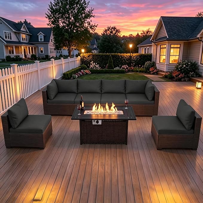 LEVELEVE 8-Piece Wicker Patio Conversation Set with 44" Propane Fire Pit Table, Cozy Outdoor Sectional Sofa for Backyard Gatherings, Poolside Lounging & Garden Parties