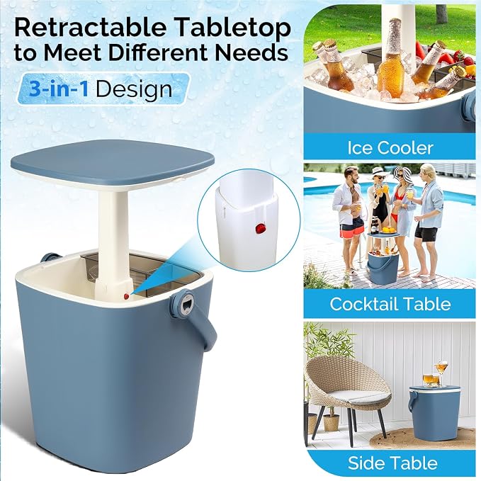 VINGLI Outdoor Cooler Table, 4 Gallon Portable Patio Cooler Side Table with Handle, Bottle Opener and Lift Top Lid, All-Weather Resistant for Camping, Picnic, Beach, Pool, Party