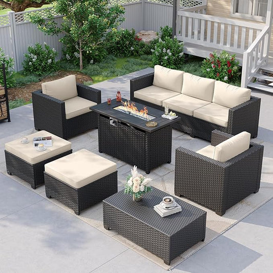 Aoxun Patio Furniture Set with Fire Pit Table, 7 Seats Piece Outdoor Furniture Set with Wicker Ottomans, Rattan Outdoor Sectional Sofa with Storage Table & Waterproof Cover Beige