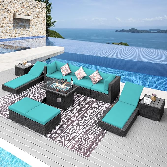 NICESOUL 11 Piece Sectional Outdoor Set with Firepit Loungers, Extra Large Backyard Seating with Fireplace, 29.3'' Highback Patio Couch Sofa, All-Weather Wicker Furniture Sets for Deck, Grey&Teal