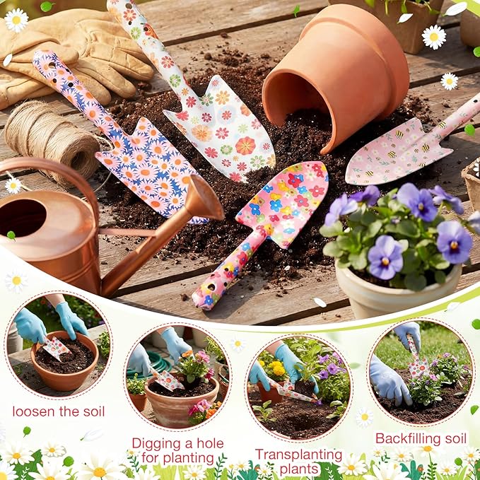 24 Pcs Floral Garden Shovels Bulk Gardening Gift for Women Heavy Duty Garden Tools Floral Hand Shovel for Mom Employees Birthday Thank You Gifts (Pink Daisy)