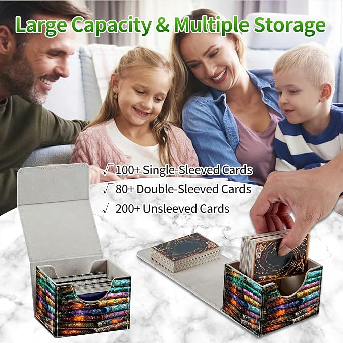 Card Deck Box for MTG, Cards Storage Box Fits 120+ Sleeved, Leather Small Size Strong Magnetic Closing Card Case for Board Games Magic TCG CCG Baseball Collection, Colorful Books