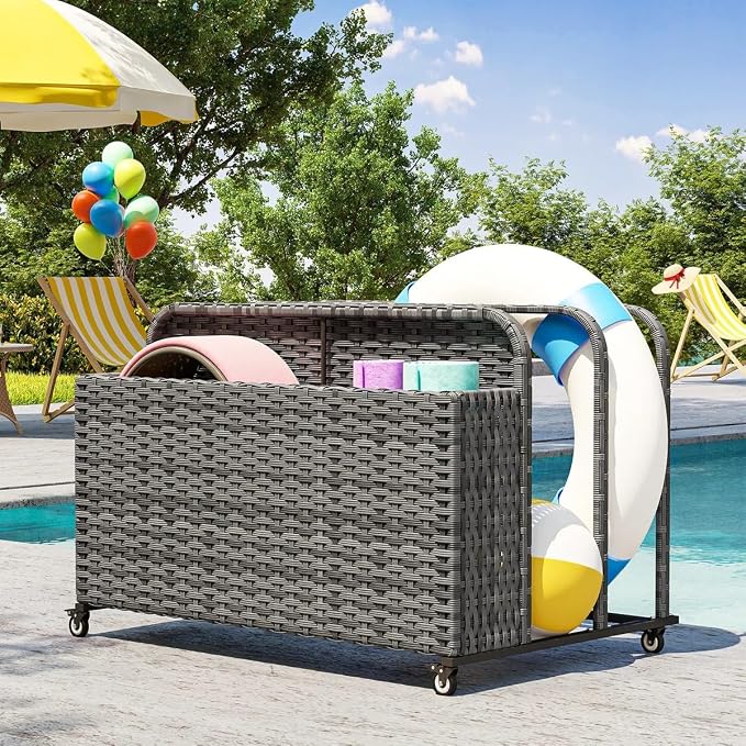 Poolside Deck Box, Poolside Storage Organizer With Pe Rattan Wicker Basket, For Floats & Accessories, Galvanized Frame With Locking Wheels