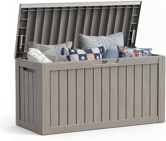 Mars Villa 80 Gallon Deck Box, Outdoor Storage Box Waterproof, Outside Resin Storage Bin for Outdoor Patio Furniture Cushion, Pool Supply, Garden Tool, UV-Resistant and Weatherproof, Greige