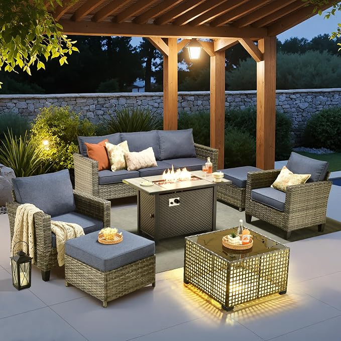 7 Piece Wicker Patio Furniture Set with Firepit Table, Denim Blue | Outdoor Deep Seating Sofa Chair Ottoman, Firepit, Solar Lights Table, Modern Conversation Set, Porch Deck Backyard
