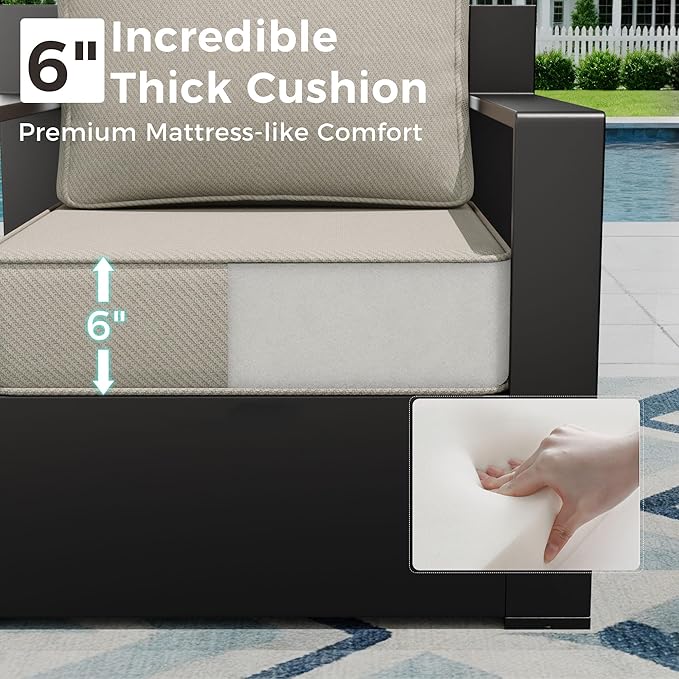 Outdoor Patio Furniture Set, 5-Piece Aluminum Patio Conversation Set All-Weather Metal Outdoor Sectional with 6 Inch Thick Cushions, Deep Setting and Fireplace for Garden, Outside and Porch, Beige