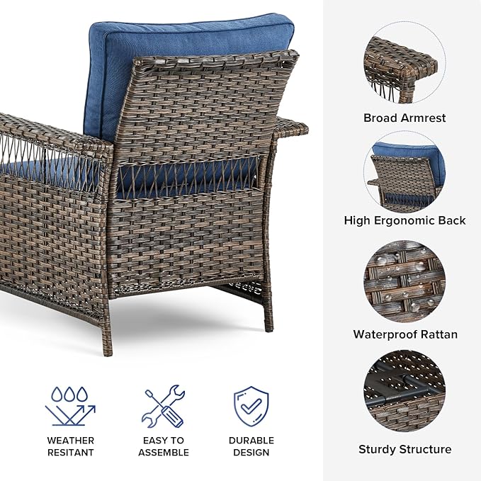 Outdoor Wicker Patio Furniture Set - 5 Piece Rattan Patio Conversation Sets with 2 Armrest Chairs,2 Ottomans and 1 Side Table for Porch Deck Garden(Brown/Blue)