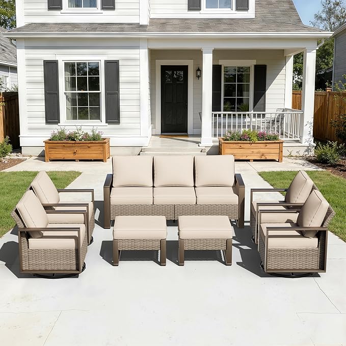 7 Pieces Metal Wicker Patio Furniture Set - 75" Sofa, Four Swivel Chairs and Two Ottomans, All Weather Rattan Outdoor Conversation Furniture with Washable Cushion for Deck Porch, Beige