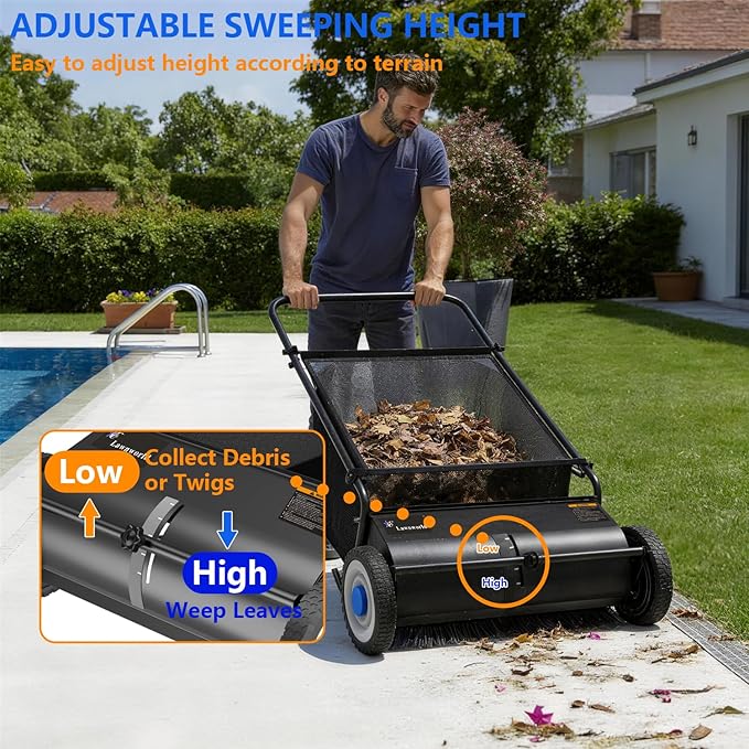26" Lawn Sweeper Push, Push Lawn Sweeper for Leaves & Grass Clippings, Manual Yard Sweeper with Clear Dust Cover & Large Collection Bag for Lawn Yard Cleanup
