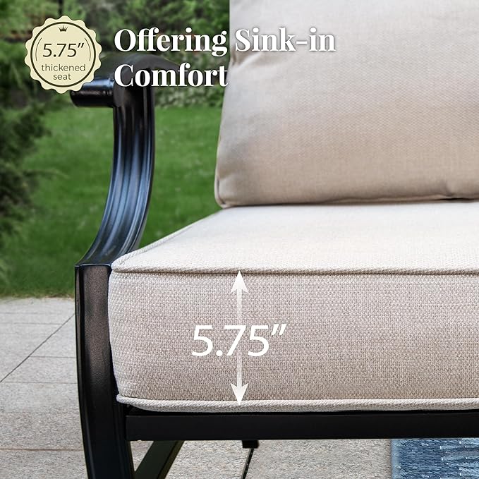 Patio Furniture Set 6 pcs, Outdoor Patio Furniture, 1 X 3-Seat Sofa, 2 X Single Chairs, 2 X Rocker Chairs, 1 X Coffee Table and 5.75" Extra Thick Cushion, Patio Conversation Set,Beige