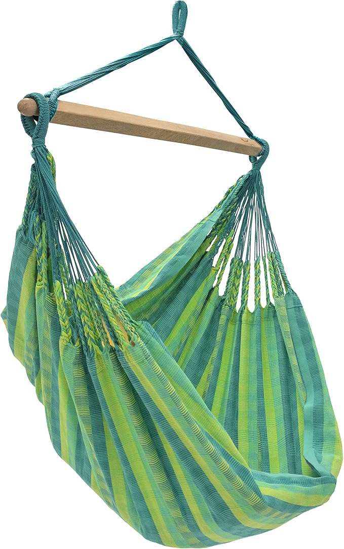 Vivere Cotton Double Wide Hammock Chair - Soft, Durable, Easy Setup with Wood Spreader Bar - 330 lb Capacity (Viridis)