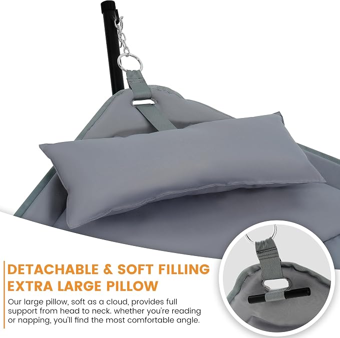 Lazy Daze Hammocks Hammock with Stand for Outside, Quilted Hammock with Detachable Pillow, Tool-Free Assembly, 450lb Capacity for Backyard, Patio, Light Grey