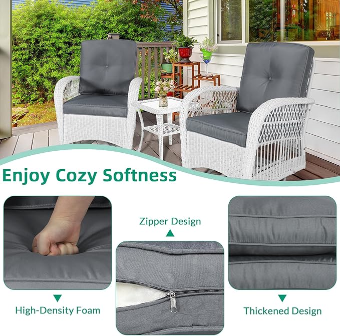 VIVIJASON 3 Piece Patio Wicker Swivel Rocker Bistro Set, Outdoor Swivel Rocking Chairs Set of 2 with Glass-Top Side Table, Patio Rattan Furniture Set for Deck Porch Backyard, White/Grey