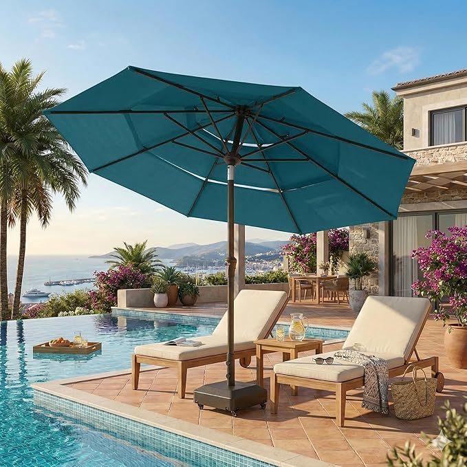 10ft Patio Umbrella, 3 Tier Outdoor Market Table Umbrellas with 8 Fiberglass Ribs and Push Button Tilt, Windproof, Vented Canopy, UV Protection for Deck, Pool, Backyard