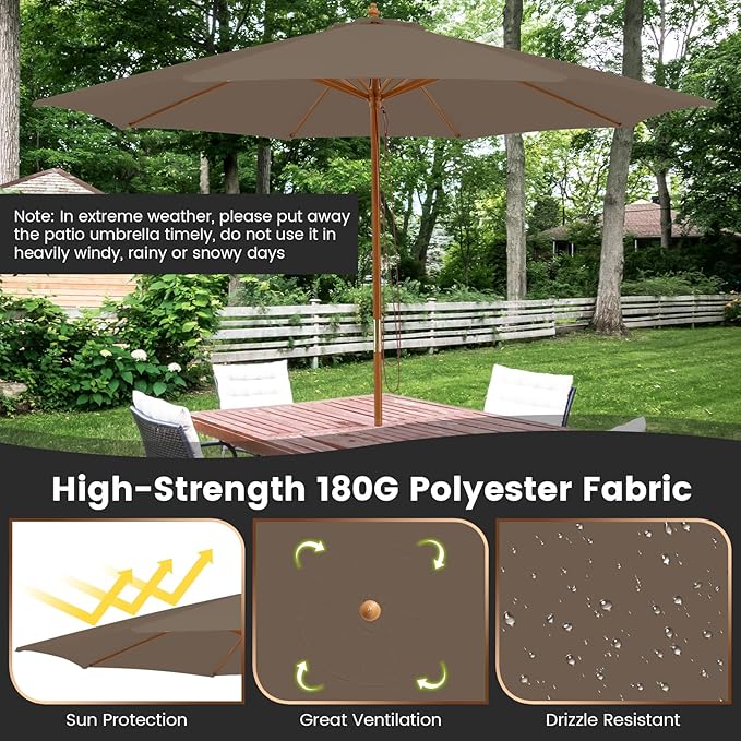 Tangkula 10FT Patio Umbrella, Outdoor Table Market Umbrella w/8 Wooden Ribs, 3 Adjustable Heights, Rope Pulley System, Detachable Pole, Wooden Patio Umbrella for Garden, Poolside, Backyard (Tan)