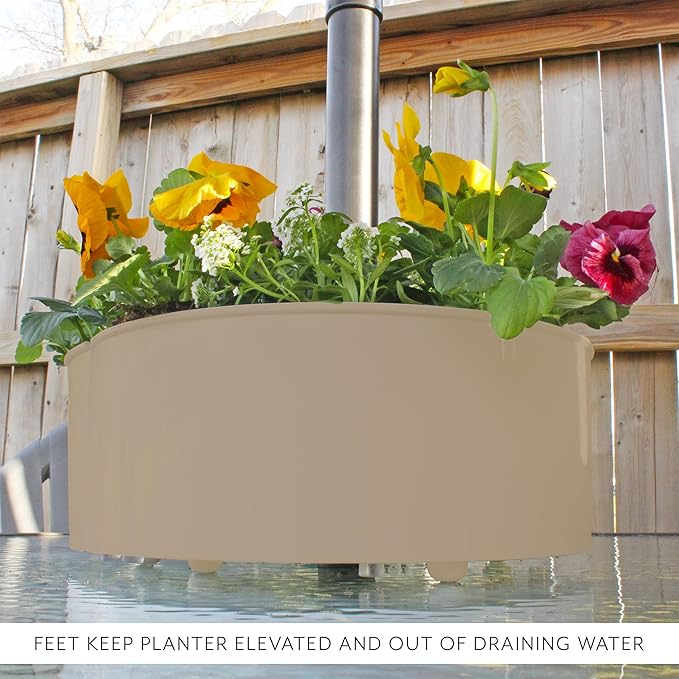 AuldHome Design Umbrella Planter for Patio Table (Beige/Greige), w/Umbrella Hole, Enamelware Half-Circle Planter Pots