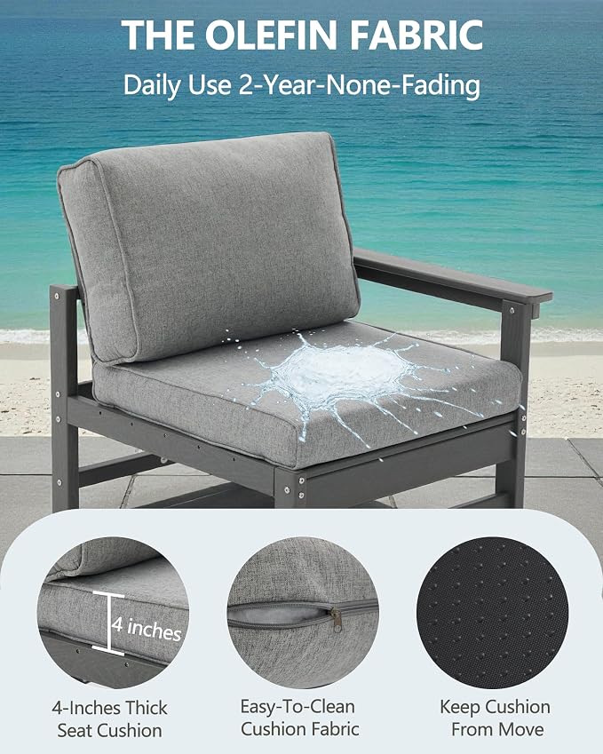 HDPE Outdoor Patio Furniture Set, 3-Piece Sofa Set with Loveseat Couch & Coffee Table, Weatherproof Conversation Set with Cushions, All-Weather Waterproof, for Garden, Porch & Backyard
