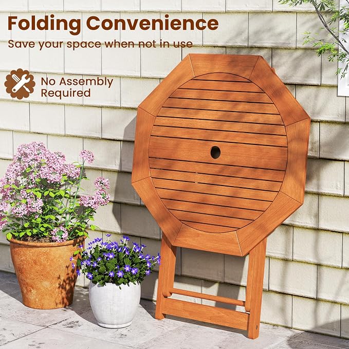 HAPPYGRILL Outdoor Patio Wood Dining Table for 4, Octagon Folding Bistro Table with 2" Umbrella Hole for Garden, Porch and Backyard, No Assembly Required (1)