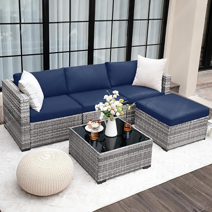 UDPATIO 5 Piece Patio Furniture Set, All-Weather Wicker Outdoor Sectional Sofa, L Shaped Outdoor Conversation Couch with Ottoman, Glass Table for Balcony Porch Backyard, Blue