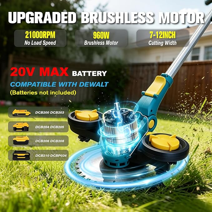 Electric Weed Wacker Compatible with DEWALT 20V MAX Battery, Electric Weed Cordless Eater with 4 Types Blades, Brushless Brush Cutter/Lawn Edger/Mower/Grass Trimmer for Yard Garden(No Battery)
