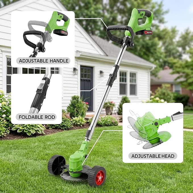 Electric Weed Wacker, Cordless Weed Eater Lightweight Grass Trimmer – 2x2.0Ah Batteries, 60-120 Min Runtime, 2 Types of Blades + Wheels for Garden & Yard Lawn