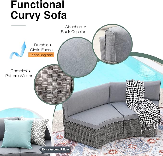 SUNSITT Outdoor Patio Furniture 11-Piece Half-Moon Sectional Round Set Curved Sofa with Tempered Glass Coffee Table, 4 Pillows, Grey Rattan