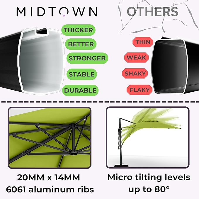 Midtown Umbrellas 9 x 9 Ft Outdoor Cantilever Patio Umbrella w/Terylast Pear Green Fabric - Rotate 360° Offset Patio Umbrella, Deck Patio Umbrella, Backyard Umbrella & Garden Umbrella - Black Frame