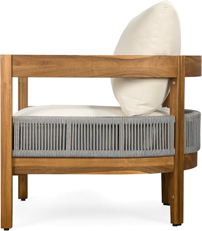 Merax 27.5" Outdoor Curved Accent Chair with All-Weather Cushions Set of 2, Acacia Wood Frame Single Club Chair for Porch, Lawn, Backyard, Balcony, Teak+ Beige