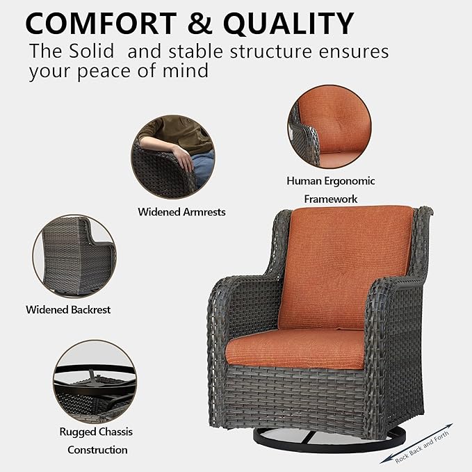 Outdoor Wicker Rocker Chairs Set of 3, High Back Patio Chairs Wicker Furniture Set, 2PCS Rattan Swivel Rocking Chair with Side Table(Mixed Grey/Orange)