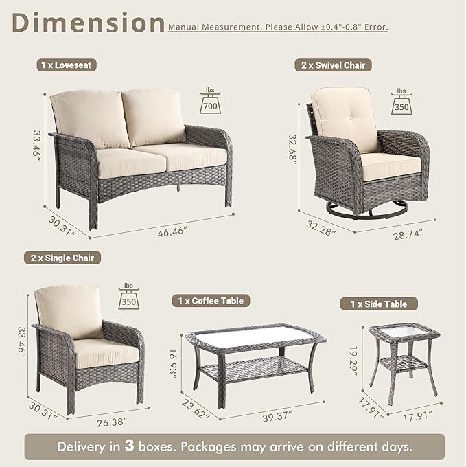 Weaxty 7 Pieces Patio Furniture Set,Wicker Outdoor Swivel Rocking Chairs,Rattan Loveseat Couch,Coffee Table,Patio Sofa Conversation Sets for Deck Backyard Porch Poolside,Beige