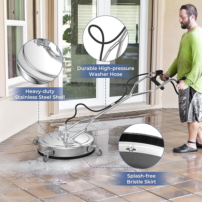 COSTWAY 20" Pressure Washer Surface Cleaner, Stainless Steel Power Cleaner Attachment with Casters, Dual Handles, 3/8'' Quick-Connect, Replacement Nozzle Cores & 2 Hose Adapters, 4000 PSI