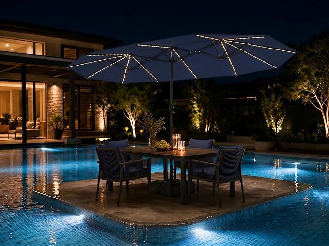 PURPLE LEAF 14ft Patio Market Umbrella with Solar LED and Base Double-Sided Rectangle Outdoor Table Sun Umbrellas with Crank for Pool Beach Deck Backyard Navy Blue
