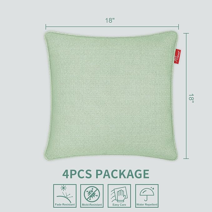 Pack of 4 Outdoor Throw Pillows,18x18 Inch All-Weather Water-Resistant Patio Pillows with Inserts,Decorative Pillows for Patio Furniture,Couch,Sofa,Poolside,Light Green