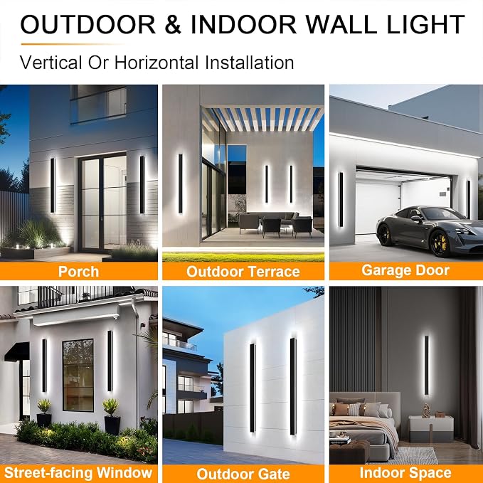 AioTio Modern Outdoor Wall Light for House,2pack 23.6inch Black LED Exterior Wall Sconces Lighting Fixtures, Outdoor Porch Light Fixture Dimmable Long Linear Wall Light Outside Lighting for Porch