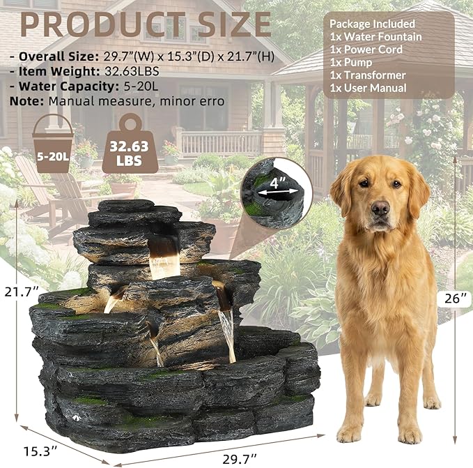 5-Tier Rock Outdoor Water Fountain, 29.7" L Realistic Moss Decor & Cascading Waterfall Fountain with LED Lights, Resin Garden Water Feature for Patio, Yard & Porch, Home Art Décor