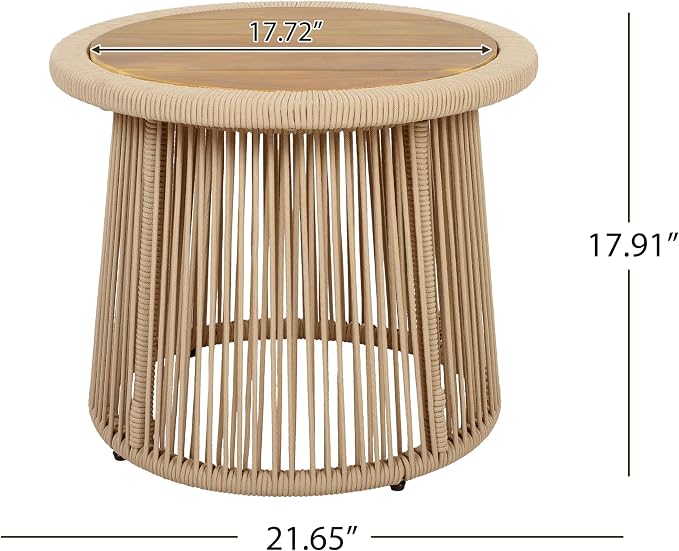 Conical Light Beige Rope Side Table, Teak Finish Acacia Wood Top, 150 lbs Capacity, No Assembly Required, Modern Open-Weave Round Accent Table for Patio Backyard Living Room