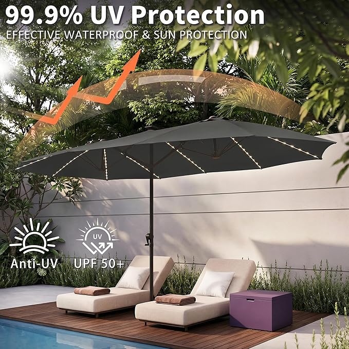 15FT Large Double Sided Patio Umbrella, Fade Resistant Outdoor Umbrellas with Fiberglass Ribs, Solar Panel, LED Lights & USB Charging, Rectangular Market Umbrella with Aluminum Crank for Poolside, Deck, Patio, BBQ, Garden, Dark Gray