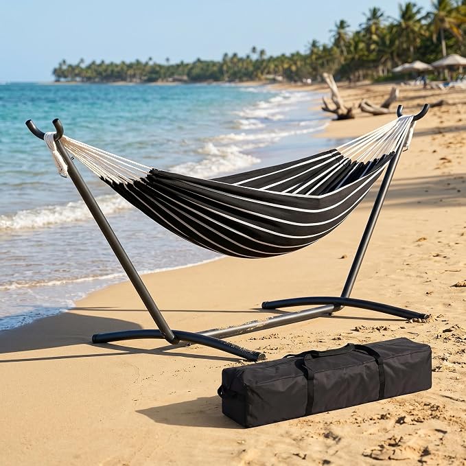 Hammock with Stand for Outside, Upgraded Carrying Case，Easy Assembly, Portable Space Saving Heavy-Duty Steel Frame，Perfect for Outdoor & Indoor,Black & White