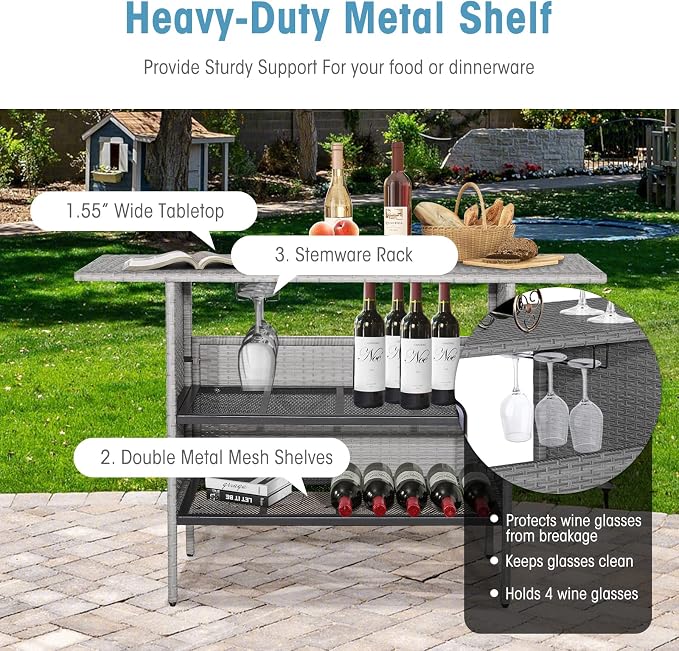 Tangkula Outdoor Wicker Bar Table, Patiojoy All Weather Patio Bar Height Table with 2 Metal Mesh Shelves & 2-Rail Steel Stemware Racks, Rattan Bar Counter Table for Backyard, Poolside (Mix Grey)