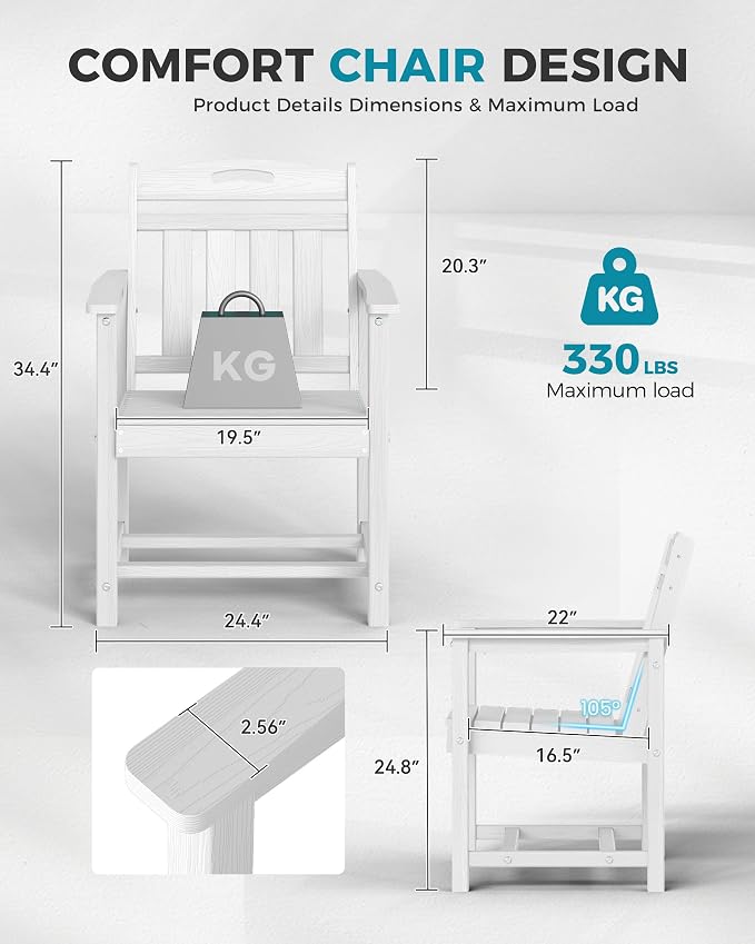 Ciokea Outdoor Patio Dining Chair, HDPE Oversized Porch Chairs with Wide Seat, All-Weather Durable Heavy-Duty Outdoor Furniture for Backyard, Poolside, Lawn & Garden, White