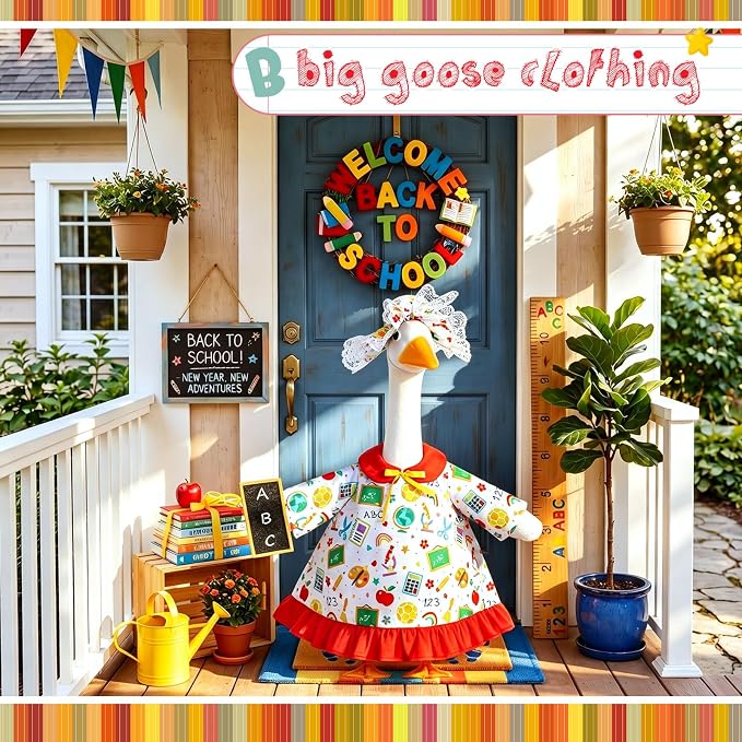 FuWeave Back to School Porch Goose Outfit Set for Plastic Statue Lawn Porch Goose Clothes with Schoolbag for Patio Decor
