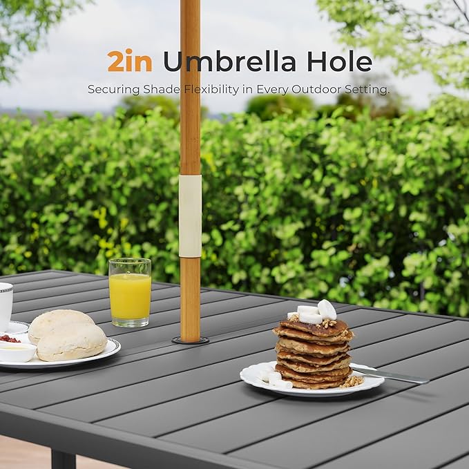 HAPPATIO Outdoor Patio Dining Set, 6 Quick Dry Textilene Dining Chairs and Dining Table with Umbrella Hole, Stackable Textilene Chairs for Garden, Patio and Poolside Backyard, Blue