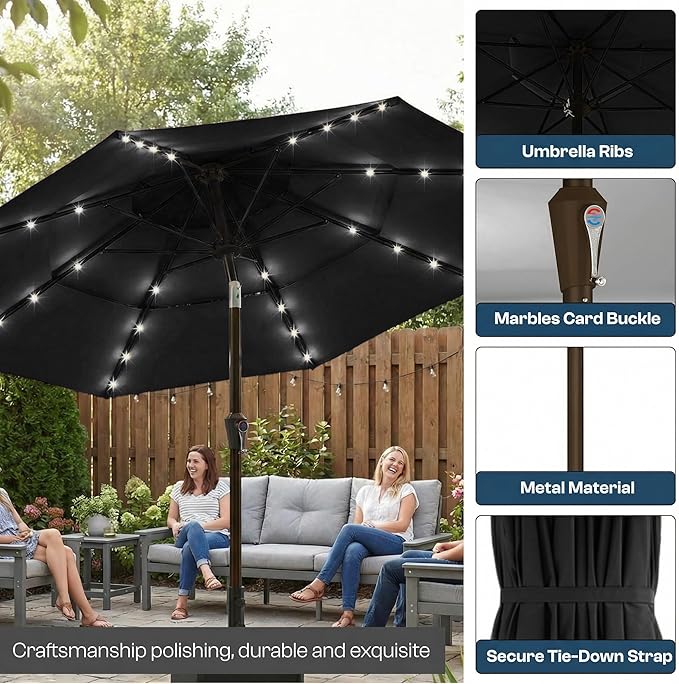 10ft 3-Tier Patio Umbrella with 32 Solar Powered LED Lights, Windproof Outdoor Market Umbrella for Deck, Poolside & Garden, Sturdy Push-Button Tilt Table Umbrella, Black