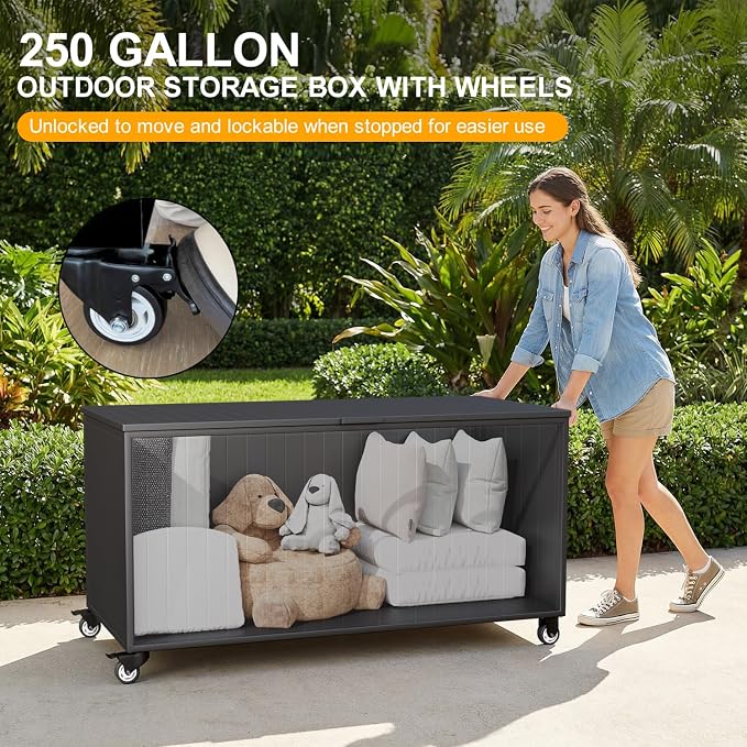 Outdoor Storage Box with Wheels 250 Gallon, Metal Deck Boxes Waterproof, UV Resistant Patio Storage Box with Lid for Patio Furniture, Garden Tools,Outdoor Cushion (Black)