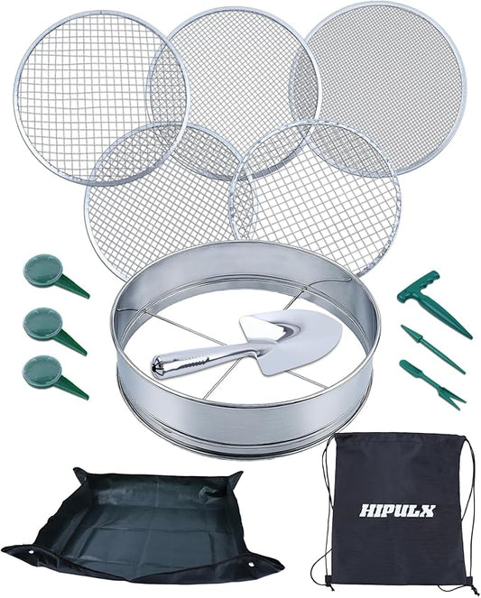 5-in-1 Soil Sifter Set with 5 Replaceable Stainless Steel Mesh Screen & Shovel (1/8" - 1/2"), Soil Sifter for Soils, Compost, Bonsai etc. (11-5/8" Diameter) (15-in-1 Sets)