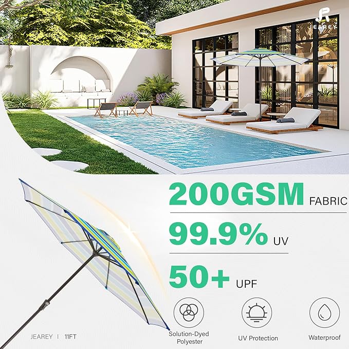 JEAREY 11' Patio Umbrellas Outdoor Table Market Umbrella w/Crank, 8 Sturdy Ribs, UV Protection Windproof for Garden, Deck, Backyard, Pool(Blue Green Striped)