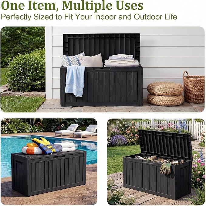 90 Gallon Deck Box Outdoor Storage Box Waterproof & Resin For Patio Furniture,Outdoor Cushions,Garden Tools and Pool Supplies Black